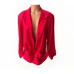 VTG Nuons Red Silk Blazer Size 14 Open Draped Pockets Shoulder Pads